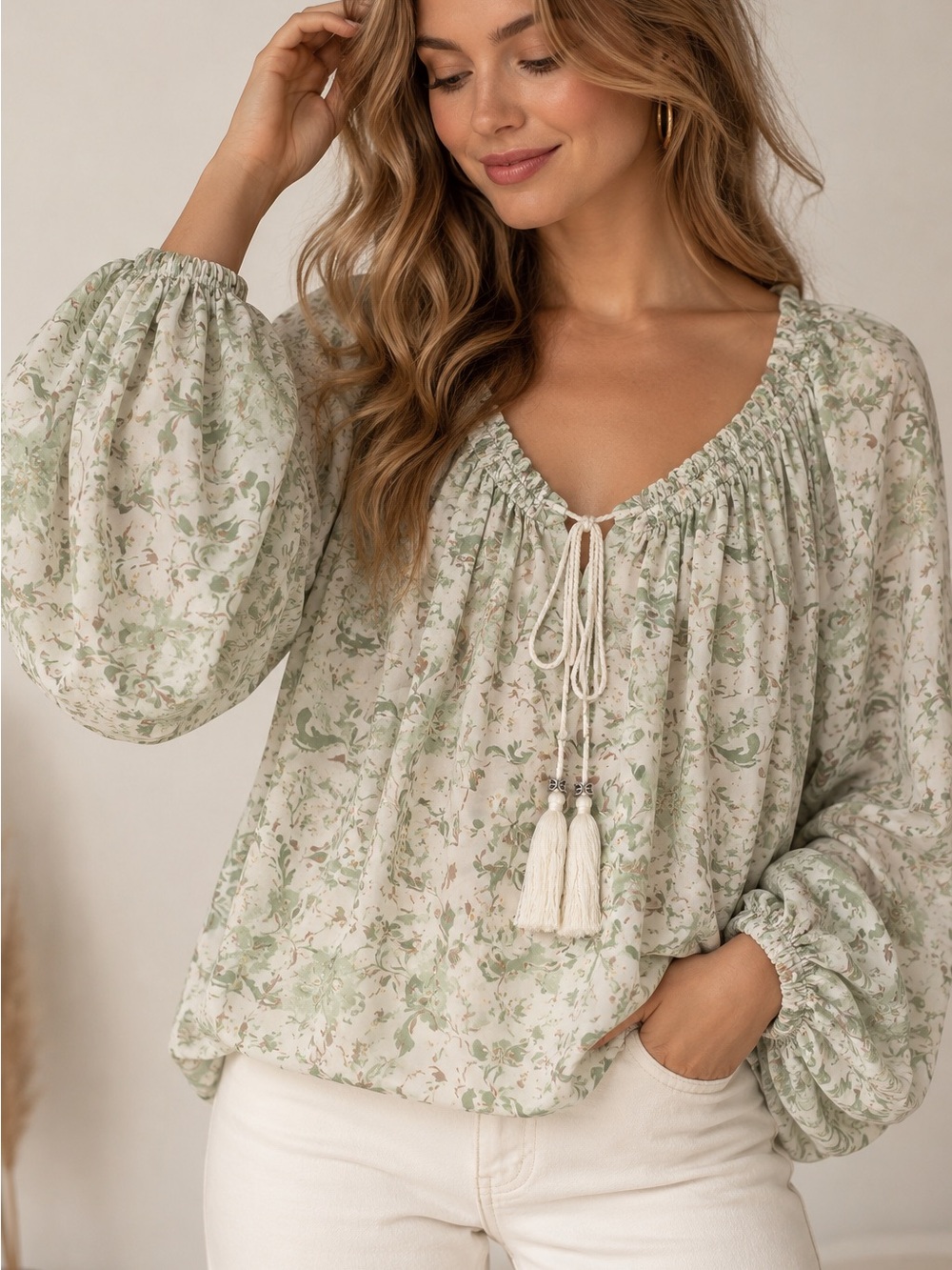 Sam Edelman Ivory Sage Floral Boho Balloon Sleeve Tassel Blouse M